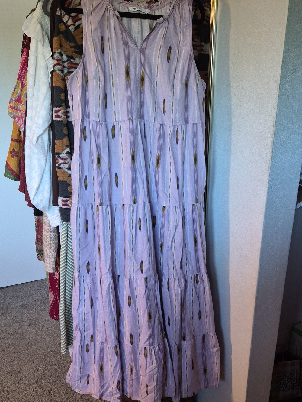 Sonoma Lavender Sleeveless Tiered Maxi Dress with Ikat Accent 100% Cotton